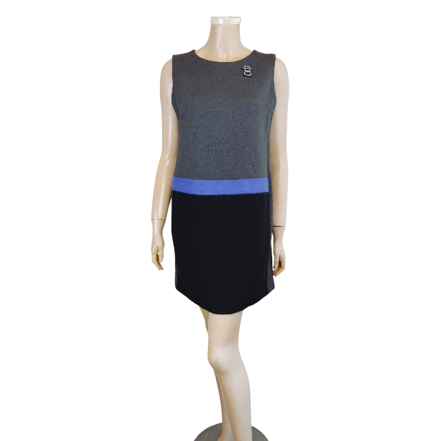 新品同様★ピッコーネ*PICONE*異素材(アルパカ混ウール)使い*トライカラー*立体ロゴワッペン*ノースリーブワンピース*38.Mサイズ.9号拍卖
