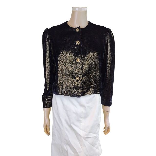 新品同様*ハナエモリ*HANAE MORI*滑らかベロア黒系×ゴールドラメ織地*ふんわりパフスリーブ*ショート丈*ドレスジャケット*38.Mサイズ.9号拍卖