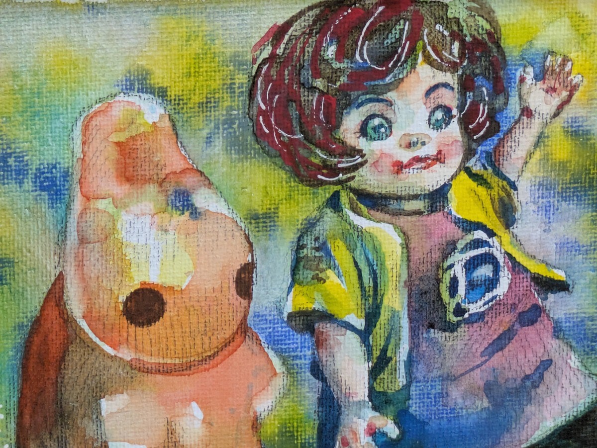 水彩画 美人画 水彩 原画 手書き 手描き イラスト 女の子 オリジナル 不透明水彩 お人形 ドール 手描きイラスト 青 黄色拍卖