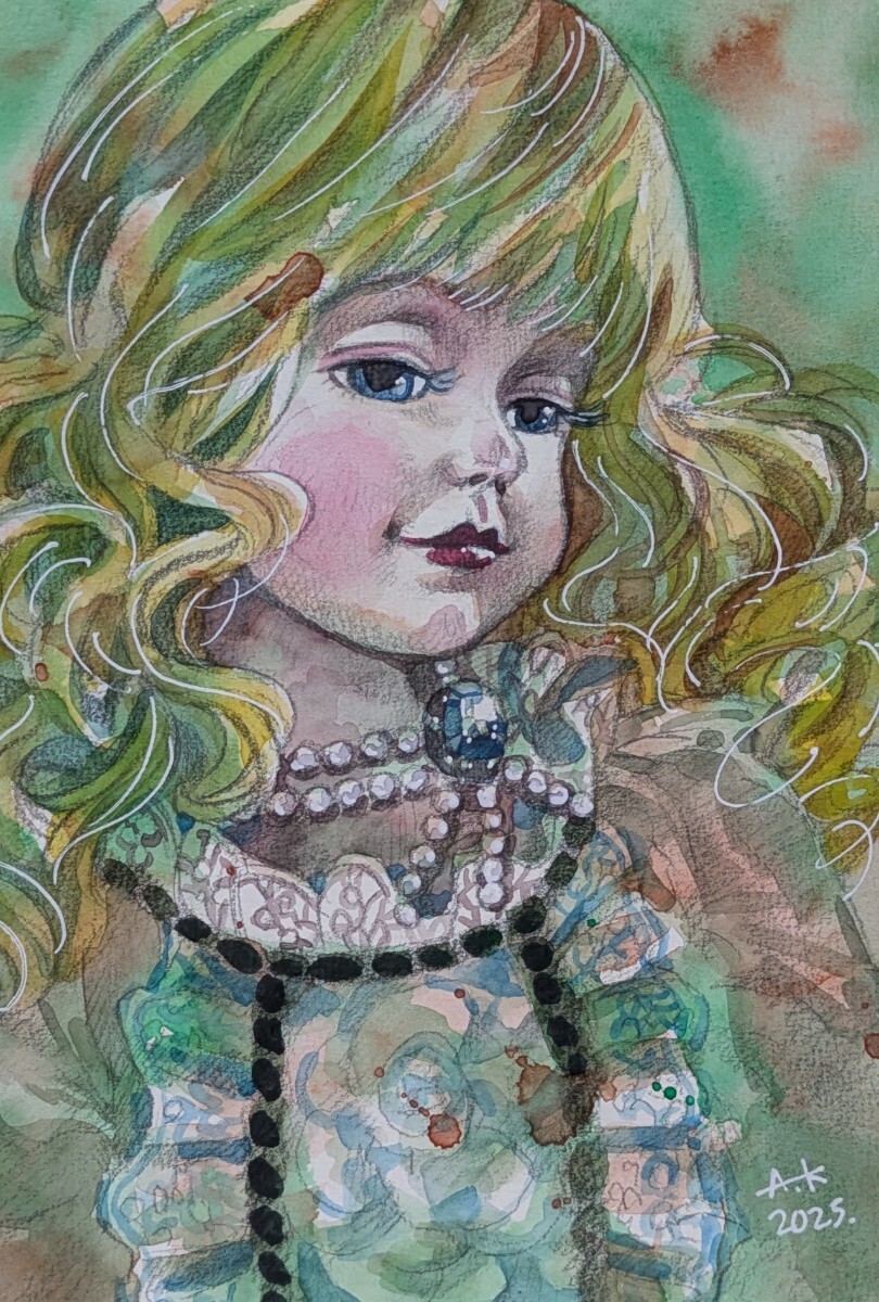 水彩画 美人画 水彩 原画 手書き 手描き イラスト 女の子 オリジナル 不透明水彩 フランス人形 人形 手描きイラスト こども拍卖