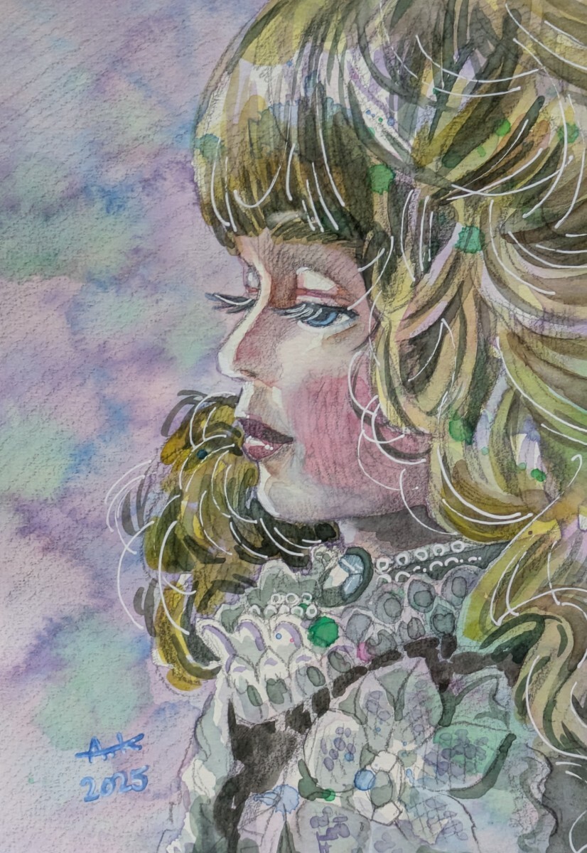水彩画 美人画 水彩 原画 手書き 手描き イラスト 女の子 オリジナル 不透明水彩 フランス人形 人形 横顔 手描きイラスト拍卖