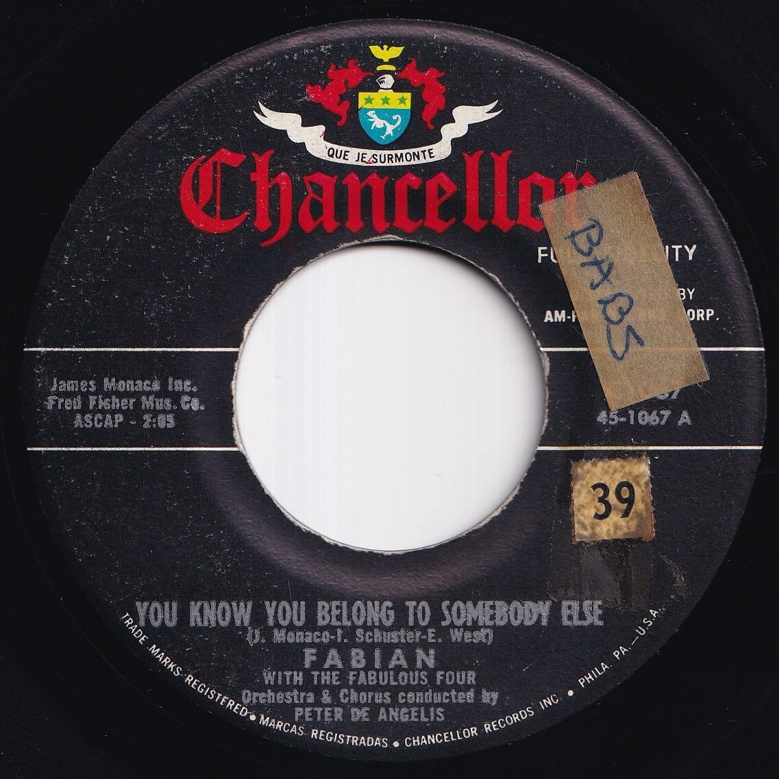 Fabian You Know You Belong To Someone Else / Hold On Chancellor US C1067 212280 ROCK POP ロック ポップ レコード 7インチ 45拍卖