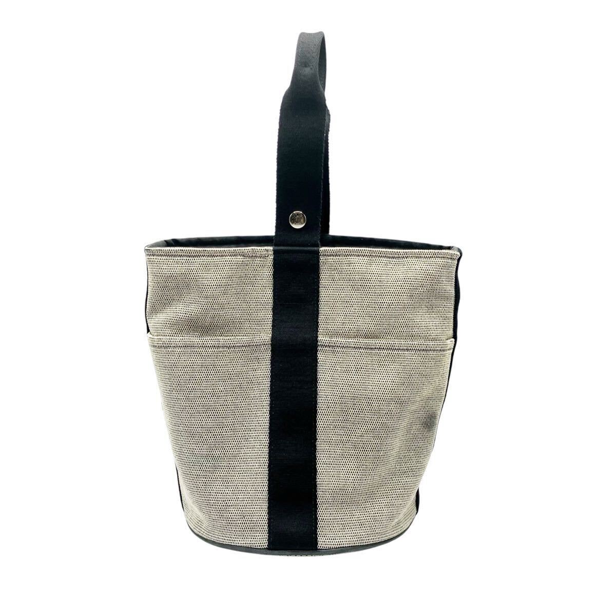 【良品】エルメス HERMES サクソー MM トワルアッシュ ハンドバッグ キャンバス グレー ブラック拍卖
