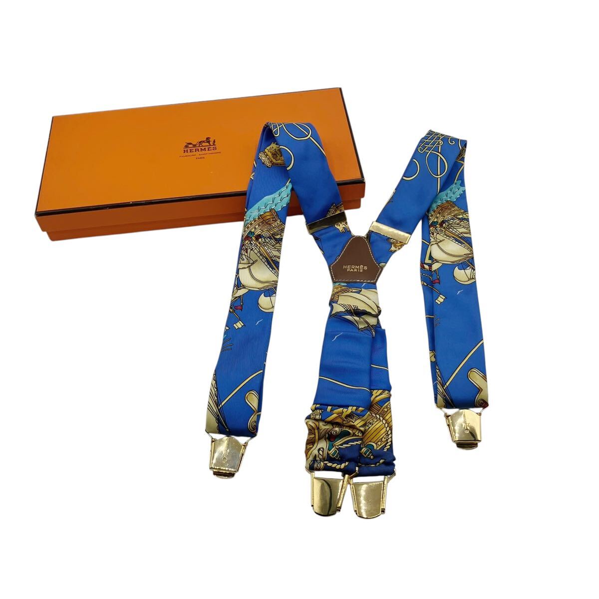 【美品】エルメス HERMES シルク サスペンダー ブルー × ゴールド ヴィンテージ拍卖