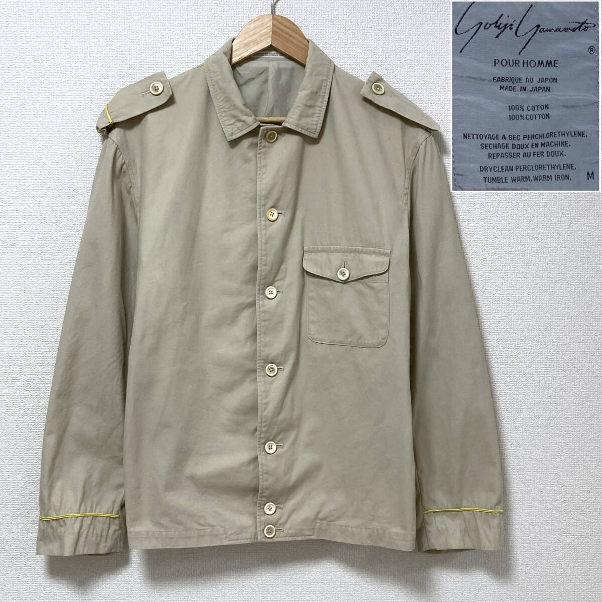 80s 丸文字タグ ヨウジヤマモトプールオム エポレット コットン シャツ ジャケット ベージュ Mサイズ Pour Homme VINTAGE archive 2389拍卖