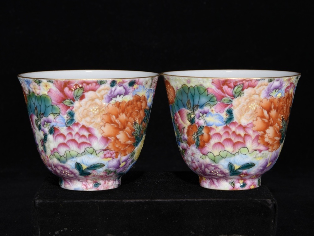 旧 清雍正 彩色 万華紋杯 唐磁 古陶磁器 陶芸 中国古美術 古賞物 古置物 唐物 S79拍卖