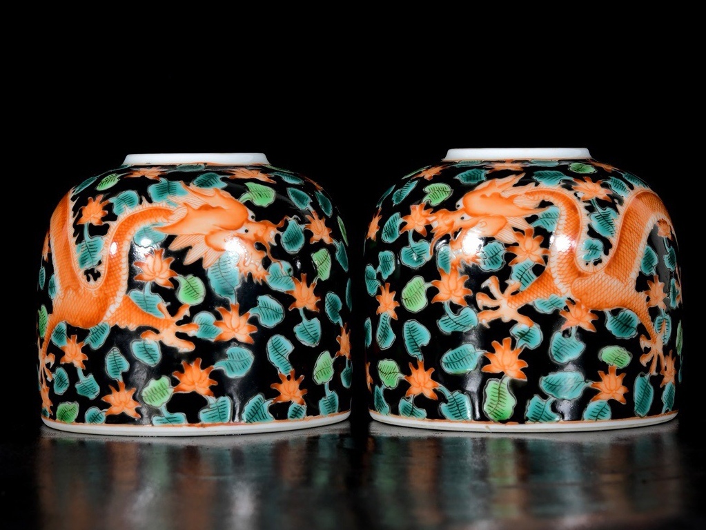 旧 清雍正 烏金釉五彩 汎紅 龍紋筆洗 一対 唐磁 古陶磁器 陶芸 中国古美術 古賞物 古置物 唐物 S79拍卖