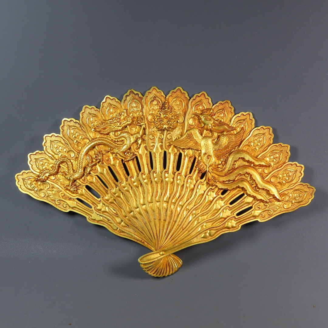 旧 清代 銅製 鍍金 龍鳳扇子 古家具 中国古美術 古賞物 古置物 唐物 S79拍卖