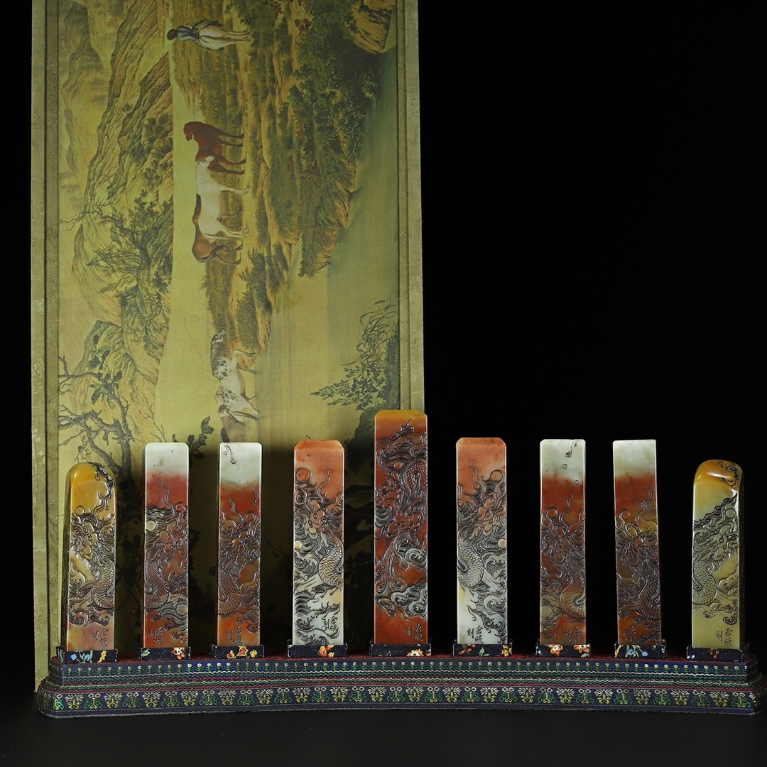 旧 清代 寿山石 九龍柱 印鑑 時代物 文房具 中国古美術 古賞物 古置物 唐物 S79拍卖