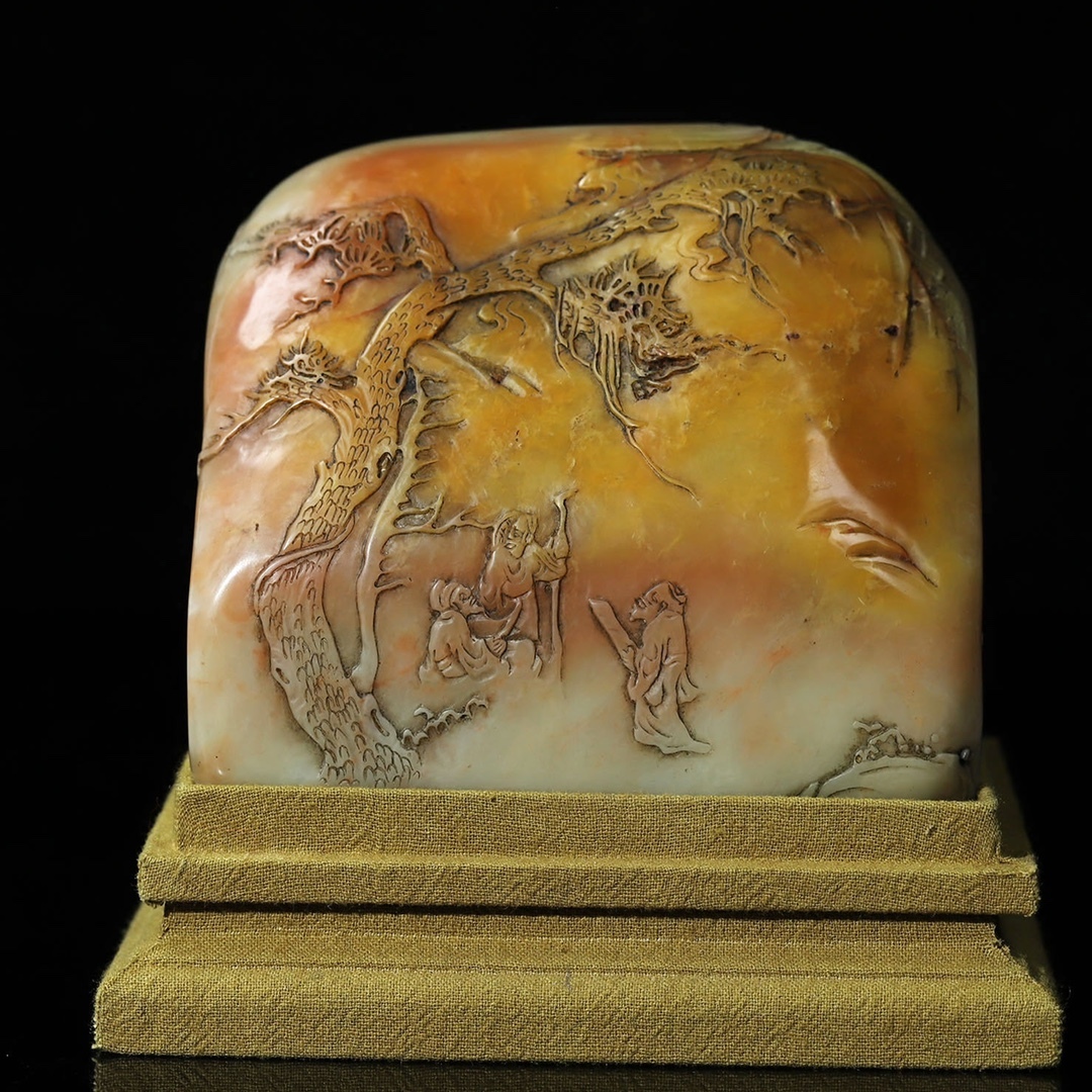 旧 清代 木箱 寿山石 彫刻 山水人物 薄意印鑑 時代物 文房具 中国古美術 古賞物 古置物 唐物 S79拍卖
