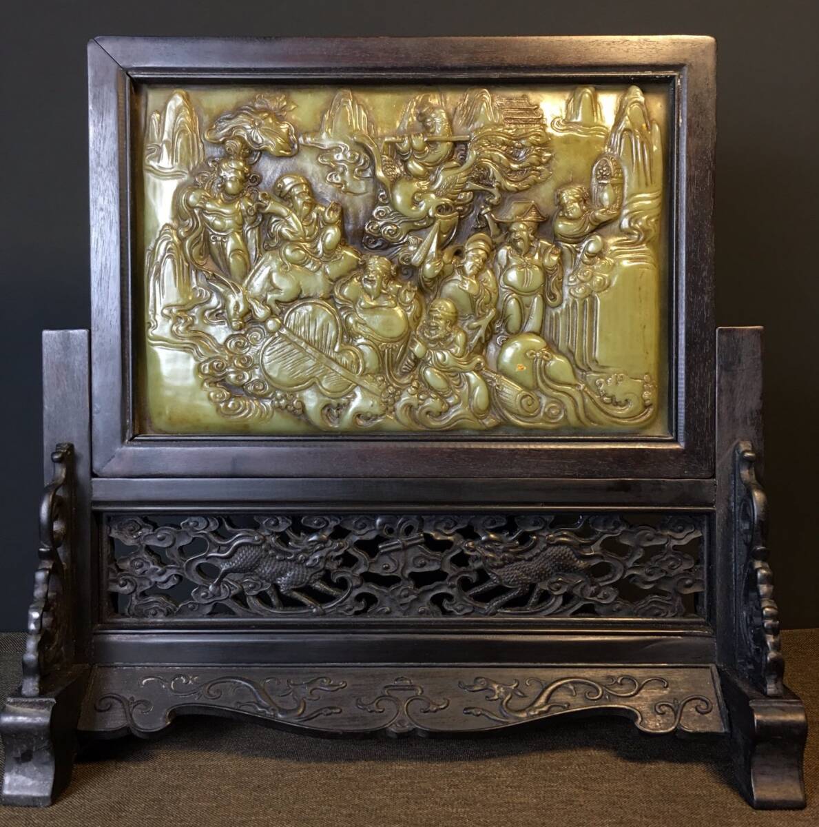 旧 清代 檀木 象眼 『八仙過海』 插屏 中国古美術 古賞物 古置物 唐物 S79拍卖