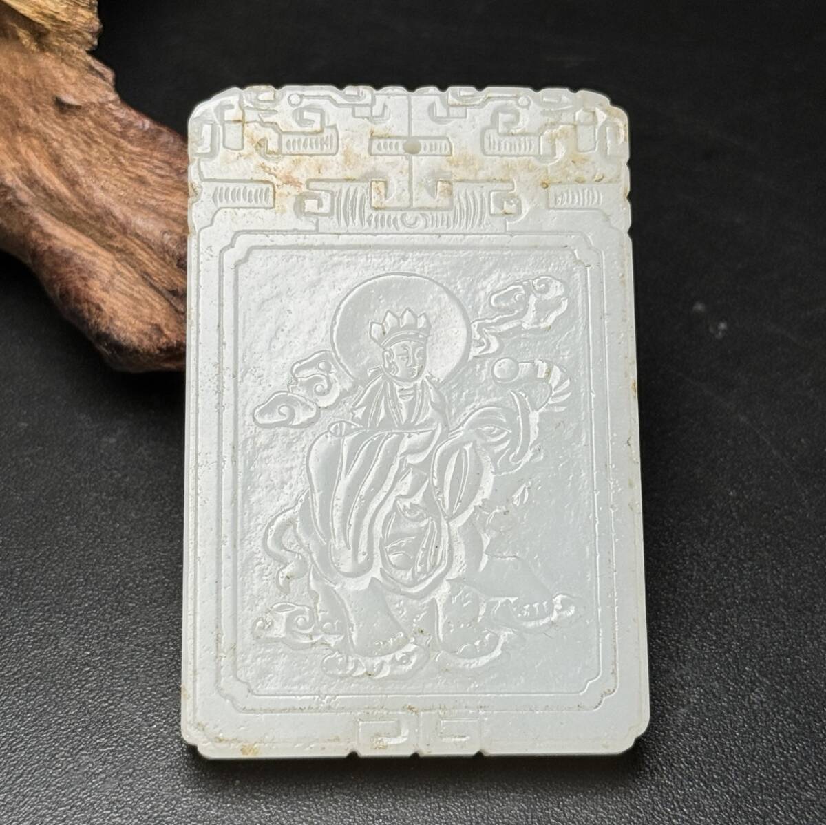 旧 清代 和田玉 玉牌 普賢菩薩 時代物 中国古美術 古賞物 古置物 唐物 S79拍卖