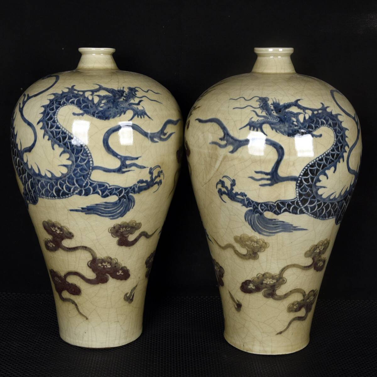 旧 元 元青花 釉里紅 雲龍紋梅瓶 唐磁 古陶磁器 陶芸 中国古美術 古賞物 古置物 唐物 S79拍卖