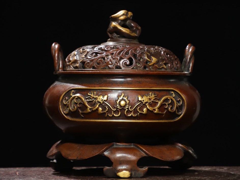 旧 清代 紫銅 鍍真金 【双龍】 燻香炉 古家具 中国古美術 古賞物 古置物 唐物 S79拍卖