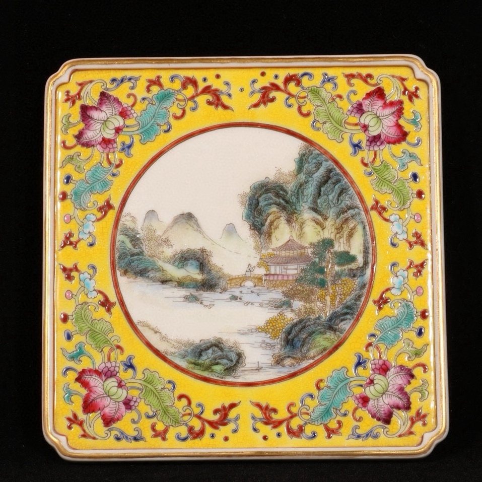 旧 清雍正 琺瑯彩 花卉山水紋 四角い茶皿 唐磁 古陶磁器 陶芸 中国古美術 古賞物 古置物 唐物 S79拍卖