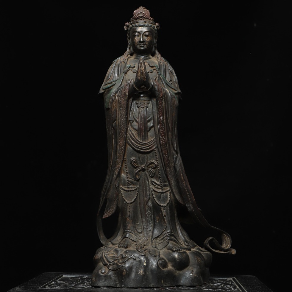 旧 清代 居宅供養宗教 銅 拓金 【観音菩薩】 仏像造像 古家具 中国古美術 古賞物 古置物 唐物 S79拍卖