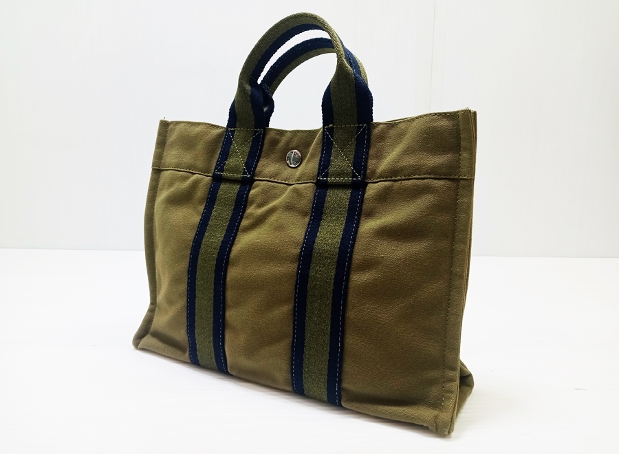 下松)【美品】HERMES エルメス フールトゥPM キャンバス トートバッグ カーキ ◆N2509009 NJ02A拍卖