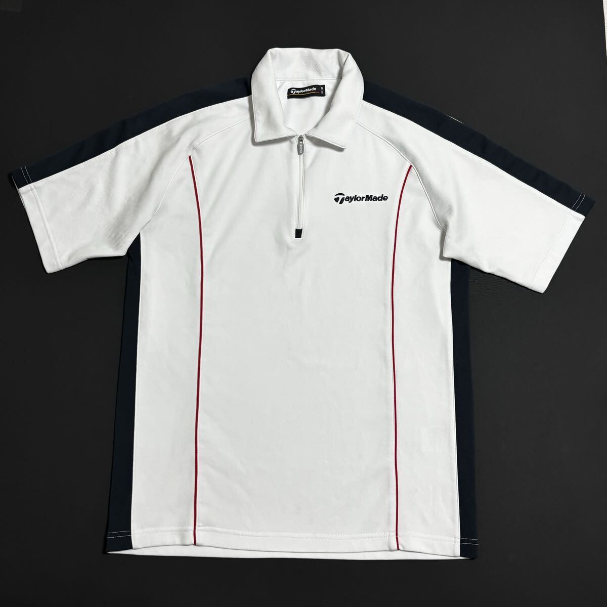 【美品】TaylorMade テーラーメイド ゴルフ 半袖 ポロシャツ ハーフジップ ロゴ刺繍 ストレッチ ドライ 速乾 吸汗 白×紺 メンズ Mサイズ拍卖