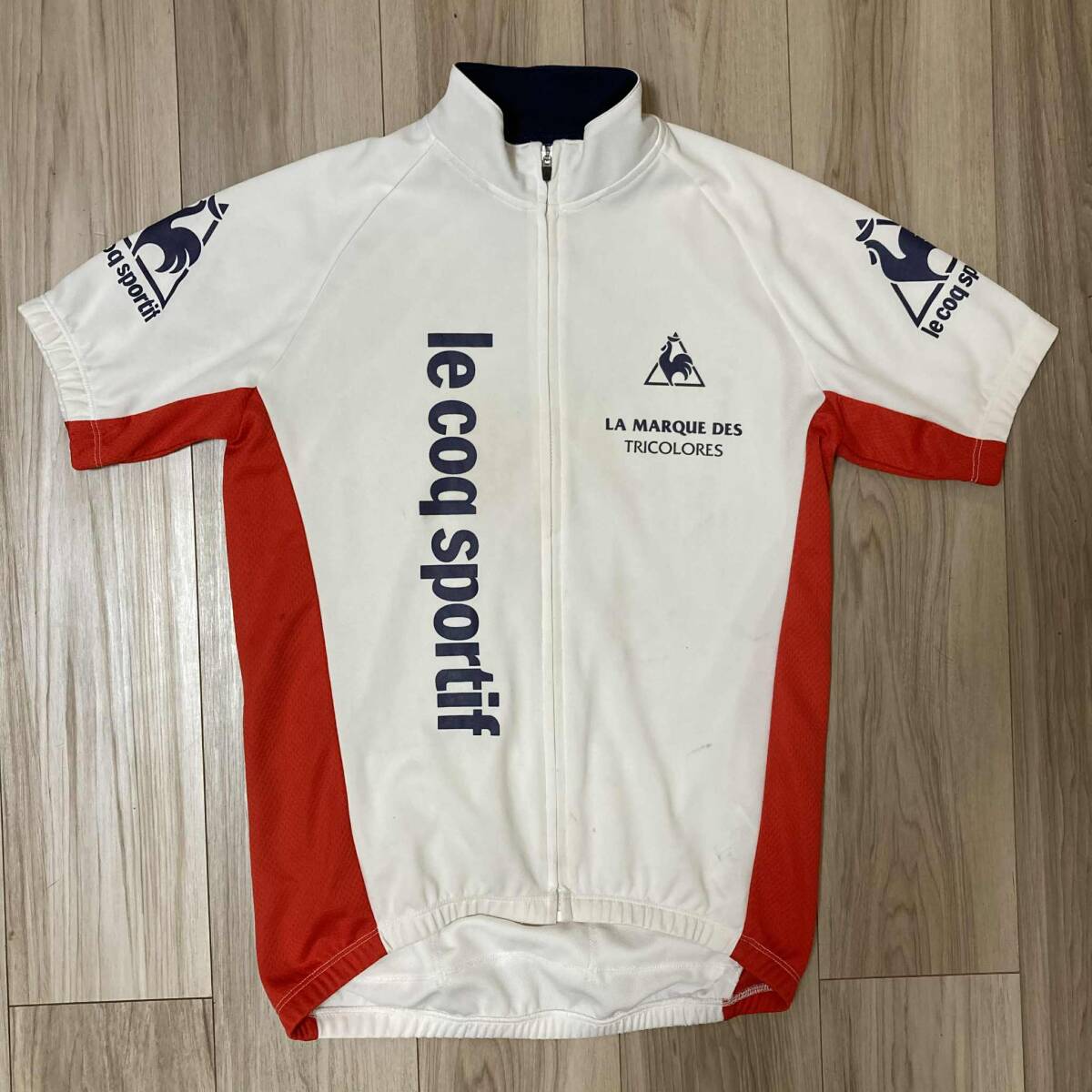 送料230★ルコック M メンズ 半袖 サイクルジャージ le coq sportif マーク&ロゴ 3ポケット 速乾 脇下通気性 デサント製 中古品 n730 白*赤拍卖