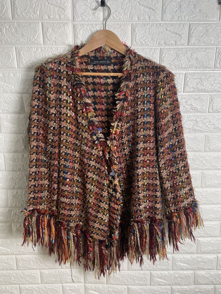 ★ ZARA WOMAN フリンジニットカーディガン レディース マルチカラー サイズL 300925-004拍卖