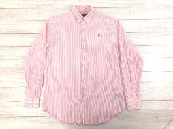 ラルフローレン Ralph Lauren レトロ トラッド ロンドンストライプ ロゴ刺繍 長袖 ボタンダウン シャツ コットン100% S ピンク 白拍卖