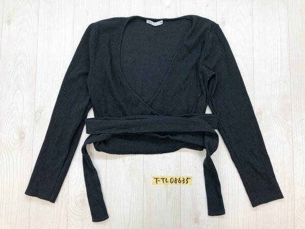 ZARA ザラ レディース 深Vネック ストレッチ クロップド丈 結び 長袖カットソー M 黒拍卖