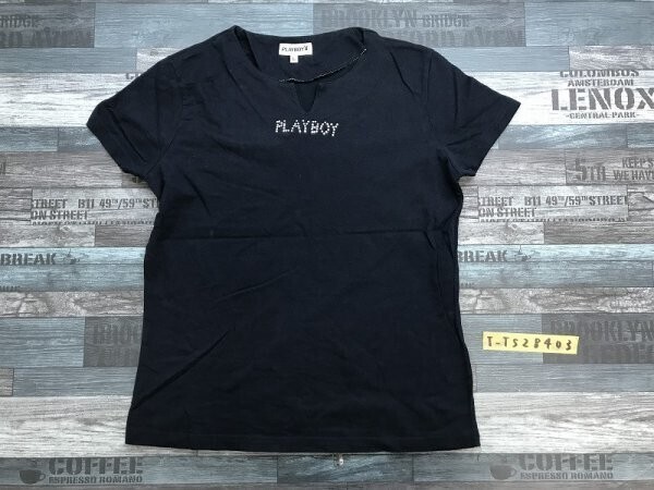 PLAYBOY プレイボーイ レディース ライトストーン付き スリットネック 半袖Tシャツ L 紺拍卖