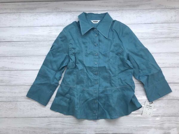 新品タグ付き FERMENT FEMME オールド レトロ ブティック モード カントリー 古着 七分袖 シャツ ブラウス レディース リネン麻100% M 青拍卖