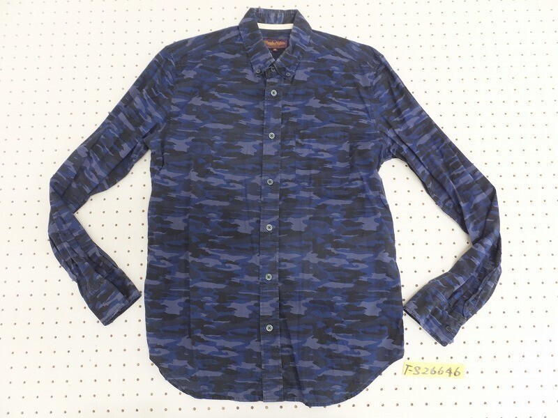 Purple&Yellow パープル&イエロー メンズ 迷彩柄 ボタンダウン シャツ 青×黒 M 拍卖
