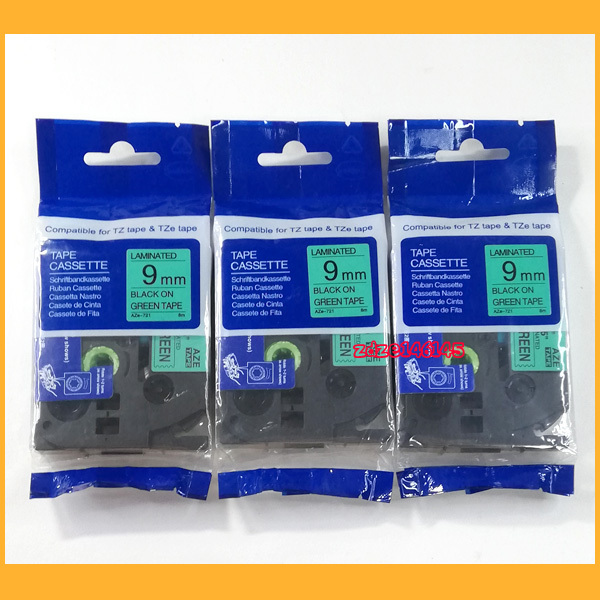 ●文具●ブラザー ピータッチ 互換ラミネートテープ 3本 9mm幅 緑色地 黒文字 8m 新品未開封 AZe-721 Tze-721●拍卖
