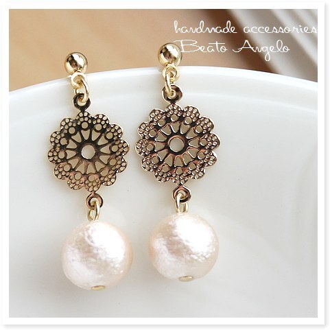 ■+angelo+コットンパールと透かしレースのピアス(p-032)ピンク G ※在庫限り拍卖