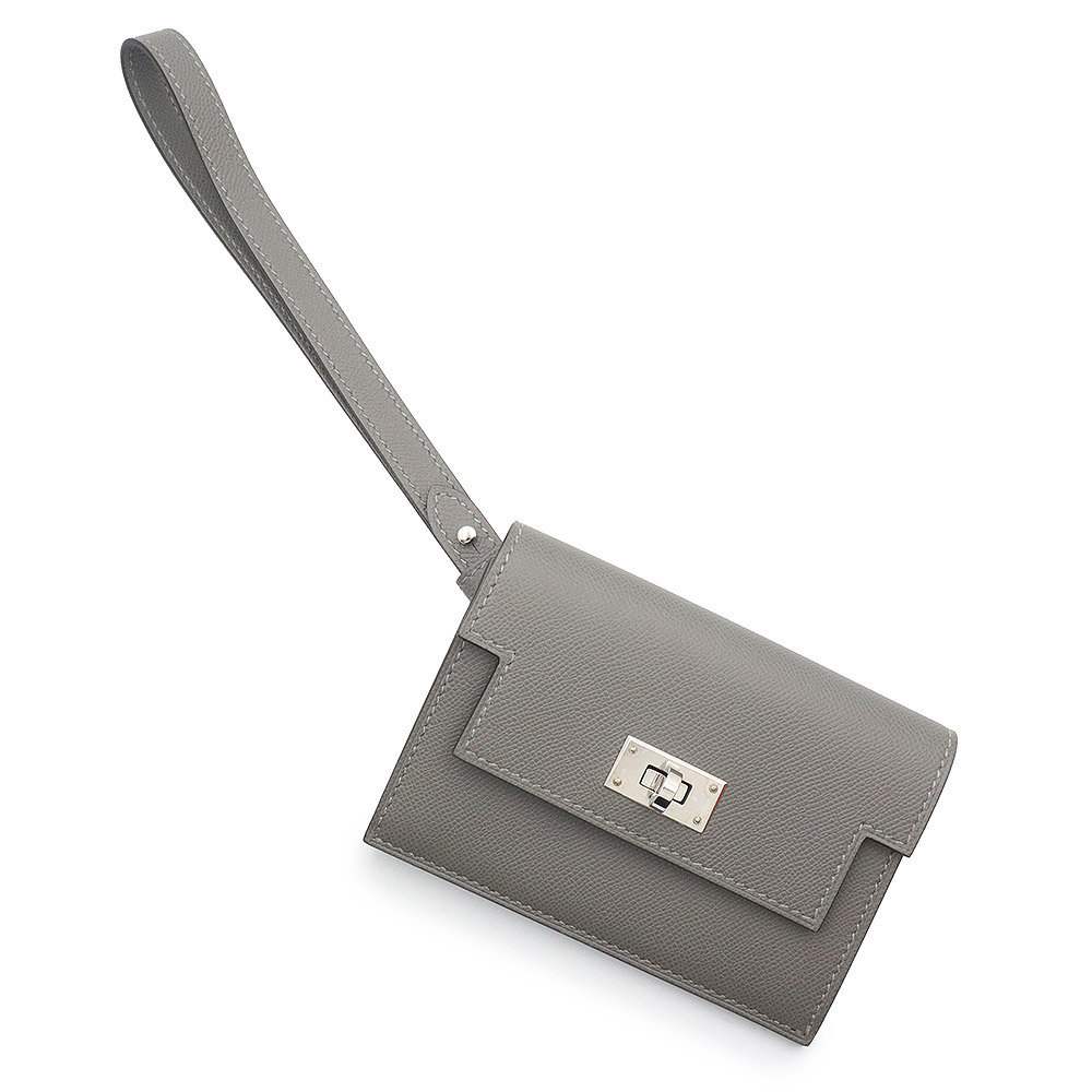 (未使用 展示品)エルメス HERMES ケリー ポケット スリム ウォレット 二つ折り財布 ヴォーマダム レザー グレー シルバー金具 B刻印拍卖