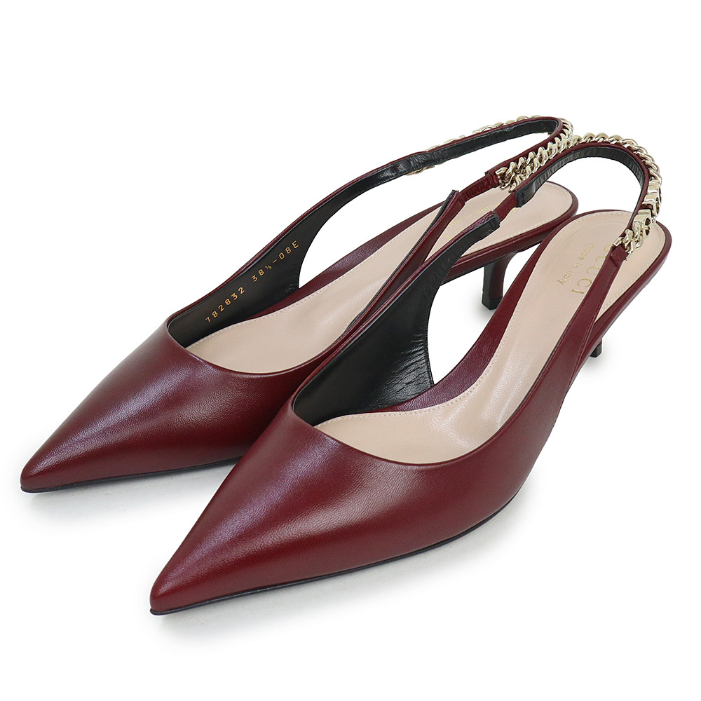 (未使用保管品)グッチ GUCCI シニョリーア スリングバック パンプス ミュール サンダル 靴 #38.5 25.5cm レザー ボルドー 782832 箱付拍卖