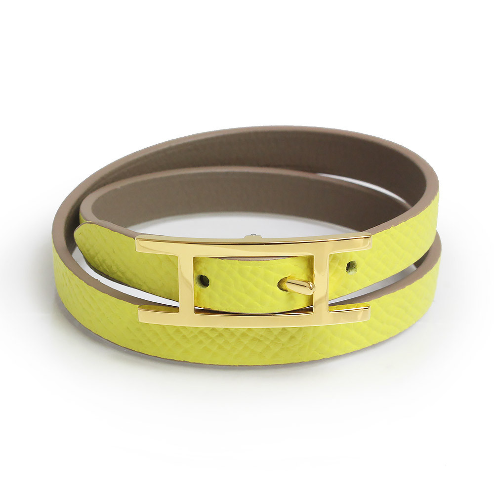 (新品・未使用品)エルメス HERMES ビーアピ ドゥブルトゥール リバーシブル ブレスレット エプソン スイフト レザー イエロー グレージュ拍卖