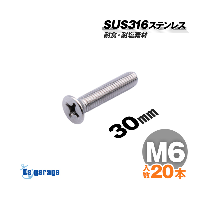 SUS316 ステンレス ボルト M6×30 P1.00 (20本セット) 皿ボルト 全ネジ 船 ボート 船舶 艤装用 金具固定 ネジ マリングレード ステンレス拍卖