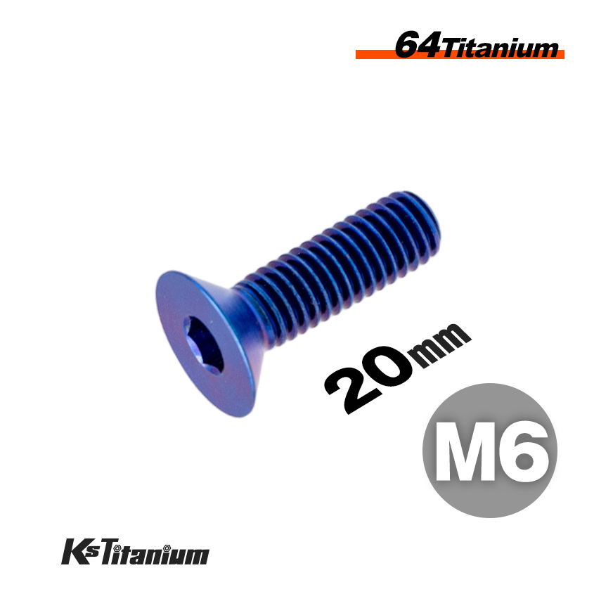 チタンボルト M6×20 P1.0 ブルー 1本売り 64チタン 六角穴付き皿ボルト 全ネジ バイク レストア パーツ拍卖