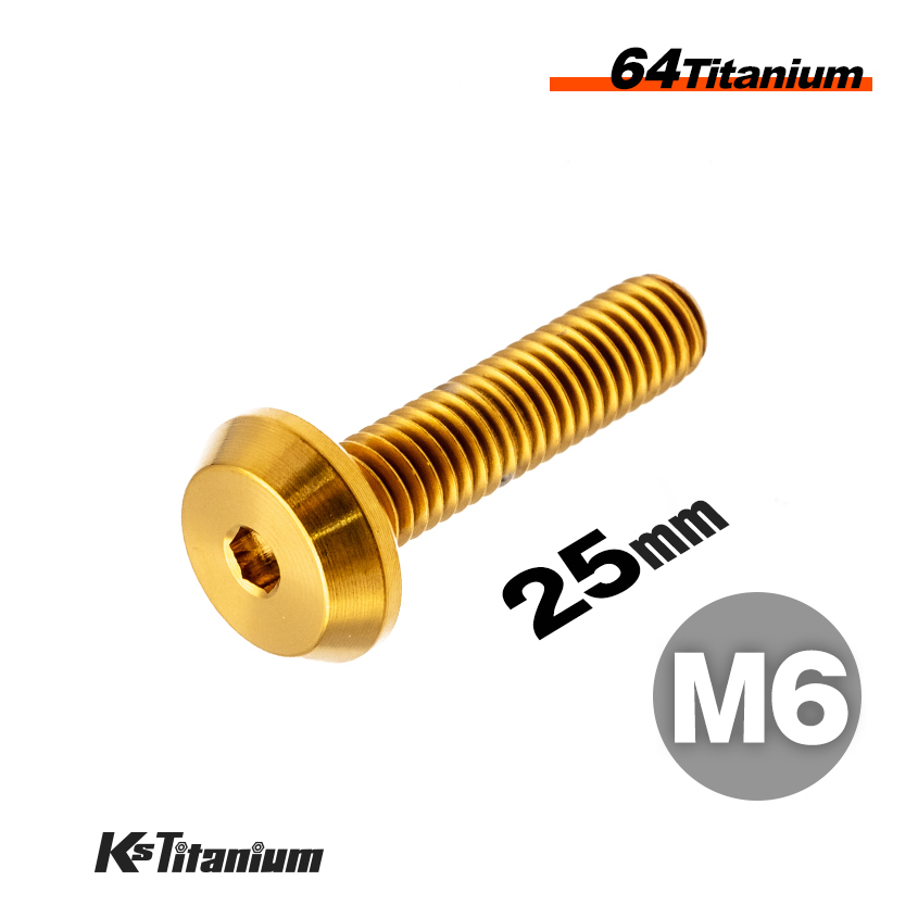 チタンボルト M6×25 全ネジ P1.0 テーパーヘッド ボタンボルト ゴールド 1本売り 64チタン M6 バイク レストア パーツ拍卖