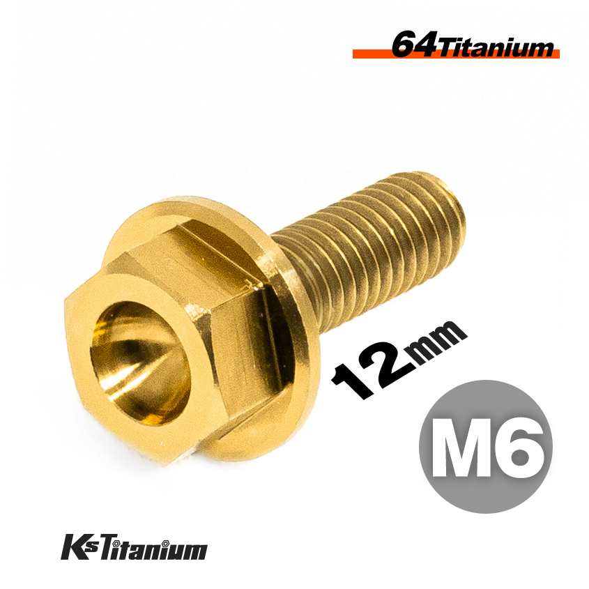 チタンボルト M6×12 P1.0 ゴールド 1本売り 64チタン フランジボルト スレッド FULL(全ネジ) バイク レストア パーツ拍卖