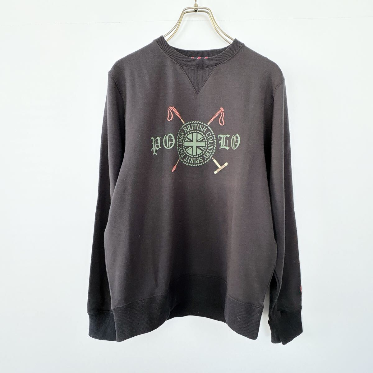 POLO BRITISH COUNTRY SPIRIT スウェット トレーナー M 黒 ブラック デカロゴ クレスト 袖刺繍 英国トラッド メンズ 古着拍卖