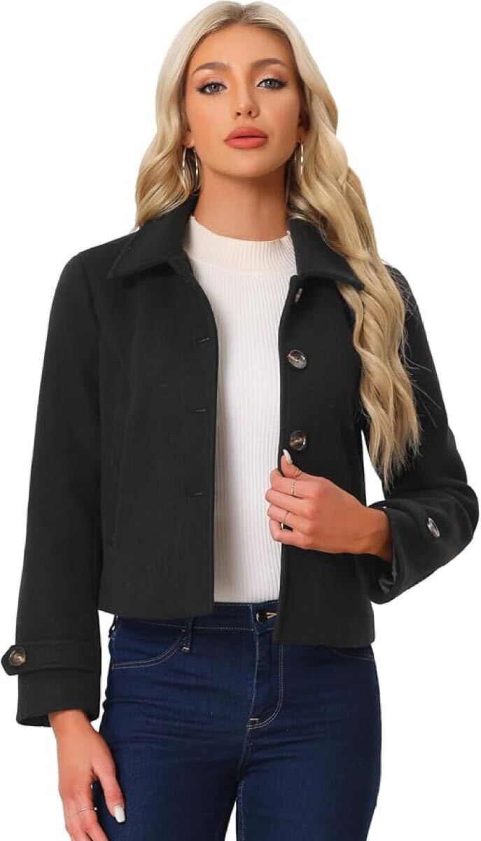 【新品】Allegra K ピーコート ターンダウンカラー 長袖 シングルブレスト アウター 冬 レディース Mサイズ ブラック ジャケット M拍卖