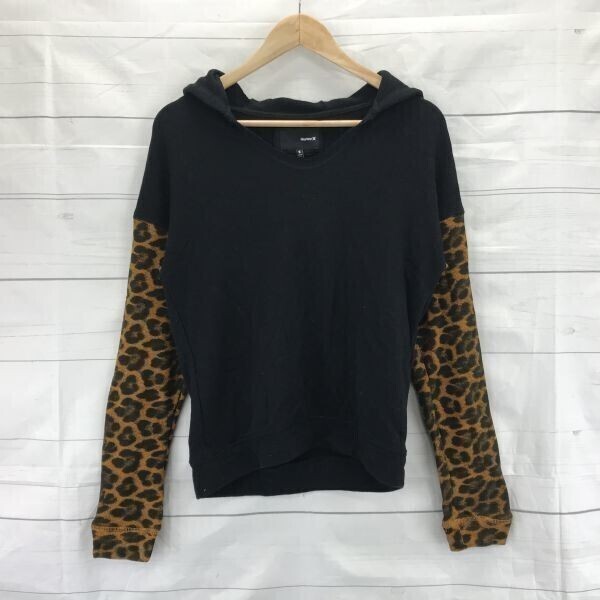 Hurley ハーレー★袖ヒョウ柄パーカー【S/黒】Vネックスウェット/プルオーバー◆BA121拍卖