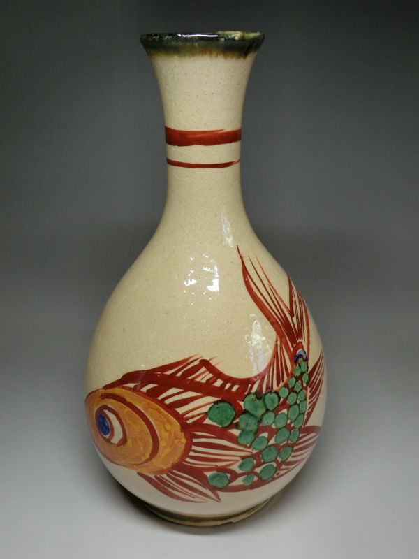 島袋常明 琉球 壷屋 赤絵 魚文 鶴首 共箱拍卖