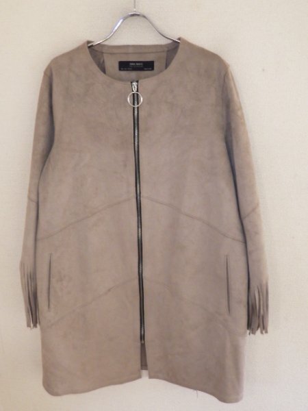 z9759 ZARA BASIC ザラ スエード調 ジップコート フリンジ袖 サイズL レア 激安拍卖