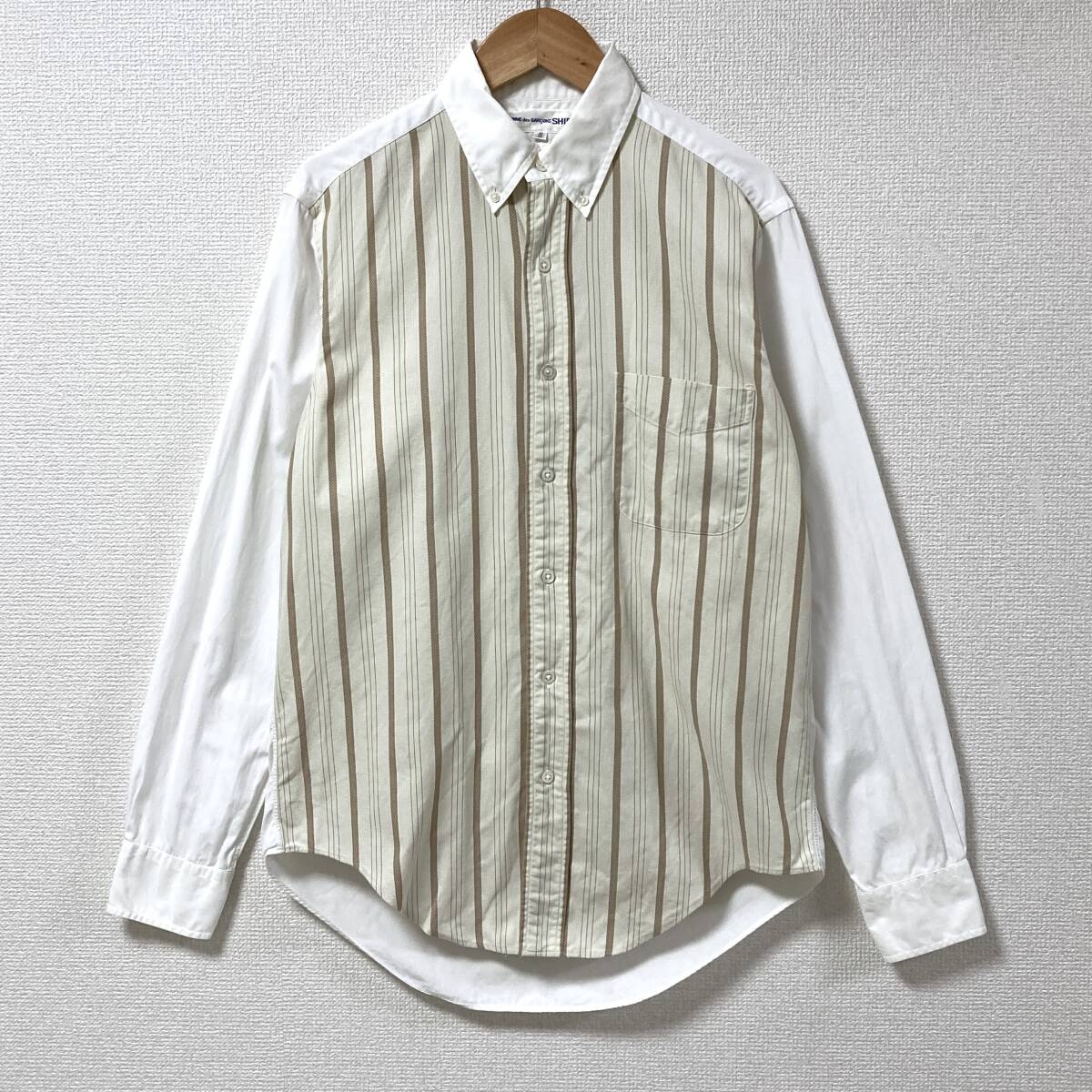 90s COMME des GARCONS SHIRT フロント切替 長袖 ボタンダウン シャツ ストライプ 白 コムデギャルソンシャツ VINTAGE archive 5080472拍卖