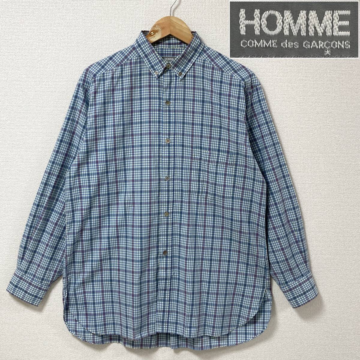 80s デカオム COMME des GARCONS HOMME チェック ボタンダウン 長袖 シャツ 青系 コムデギャルソン VINTAGE archive 5070435拍卖