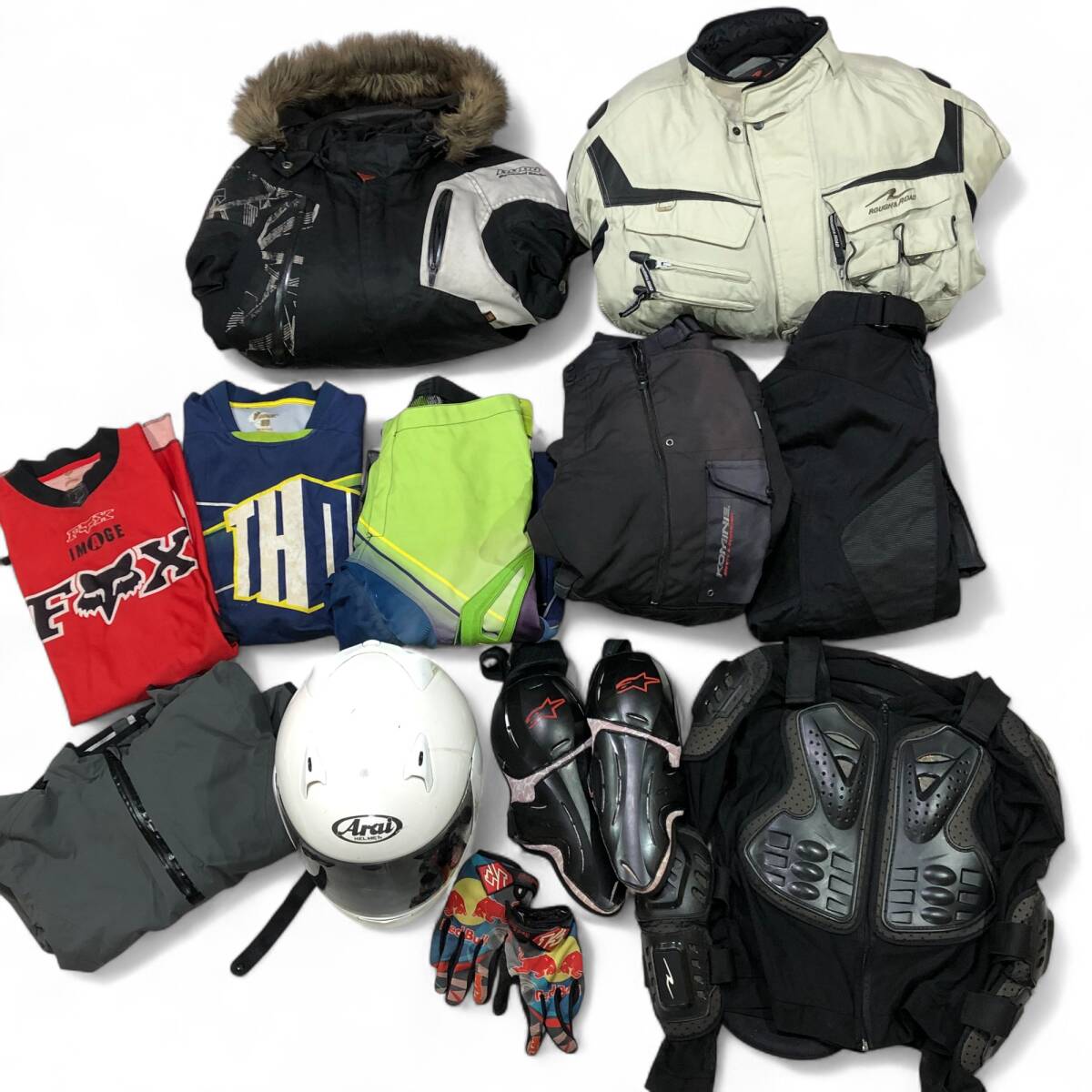 【1円】KG909 バイクウエア ジャケット パンツ グッズ 12点セット まとめ 卸売り ヒョウドウ BMW アライ フォックス ラフアンドロード拍卖