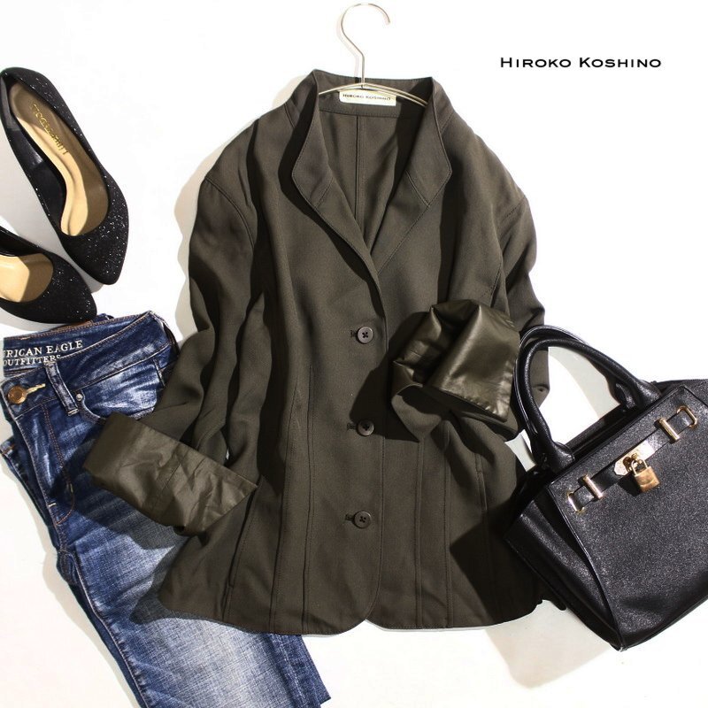 美品 HIROKO KOSHINO ヒロココシノ 合物 ミセス 綺麗め ウエストタック ジャケット 9号 カーキ グリーン 緑 フォーマル オフィス 通勤 上品拍卖