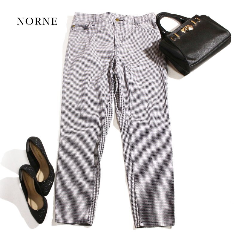 NORNE 大きいサイズ3L 春 夏 ギンガムチェック 柄 ストレッチ ジャージ― テーパードパンツ パンツ 15号 ネイビー 紺 ホワイト 白拍卖