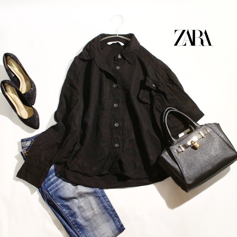 美品 ZARA ザラ 合物 ゆったり オーバーサイズ 長袖 ジャケット L ブラック 黒 モロッコ製 ビッグシャツ リネン 落ち感 リヨセル 無地拍卖