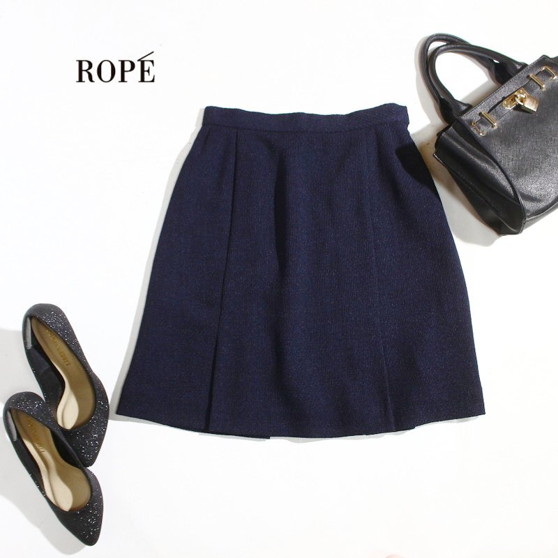 美品 ROPE’ ロペ 合物 秋 冬 立体生地 凸凹 可愛い Aライン フレアスカート ネイビー 紺 9号 M オフィス 通勤 フォーマル コンサバ 綺麗め拍卖